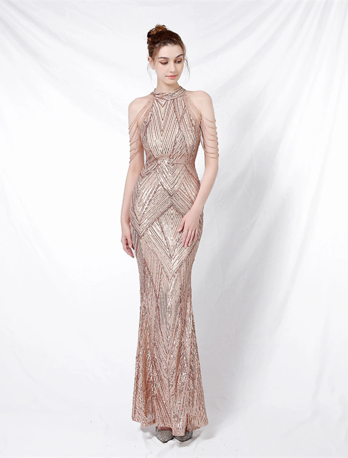 Meerjungfrau/Trompete Abendkleid Sparkle & Shine Kleid Formelle bodenlange Kurzarm Stehkragen Pailletten Rückenfrei mit Kristallen Pailletten